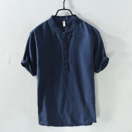 Men Linen and Cotton V Neck Short Sleeve T Shirts Casual Tee 