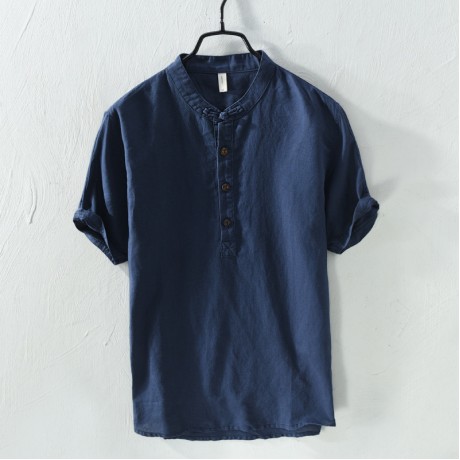 Men Linen and Cotton V Neck Short Sleeve T Shirts Casual Tee