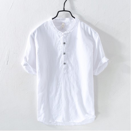 Men Linen and Cotton V Neck Short Sleeve T Shirts Casual Tee