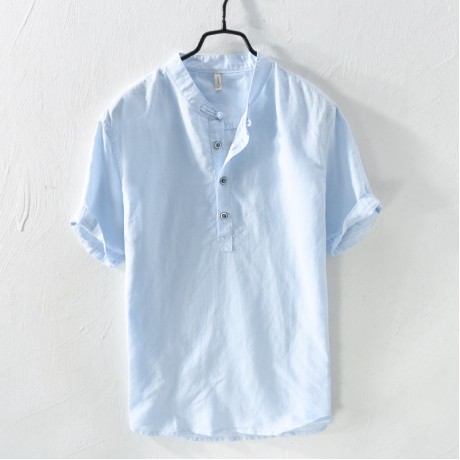Men Linen and Cotton V Neck Short Sleeve T Shirts Casual Tee