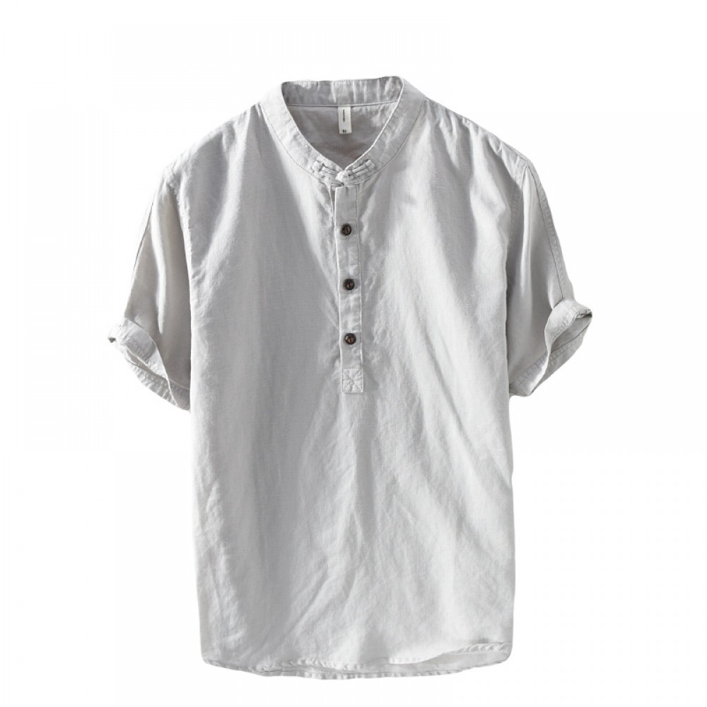 Men Linen and Cotton V Neck Short Sleeve T Shirts Casual Tee