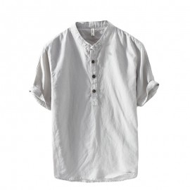 Men Linen and Cotton V Neck Short Sleeve T Shirts Casual Tee