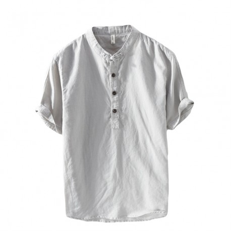 Men Linen and Cotton V Neck Short Sleeve T Shirts Casual Tee