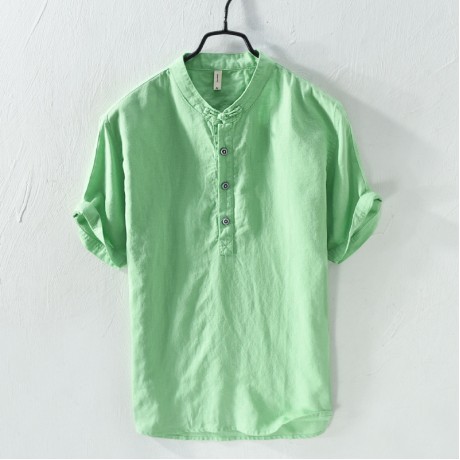 Men Linen and Cotton V Neck Short Sleeve T Shirts Casual Tee