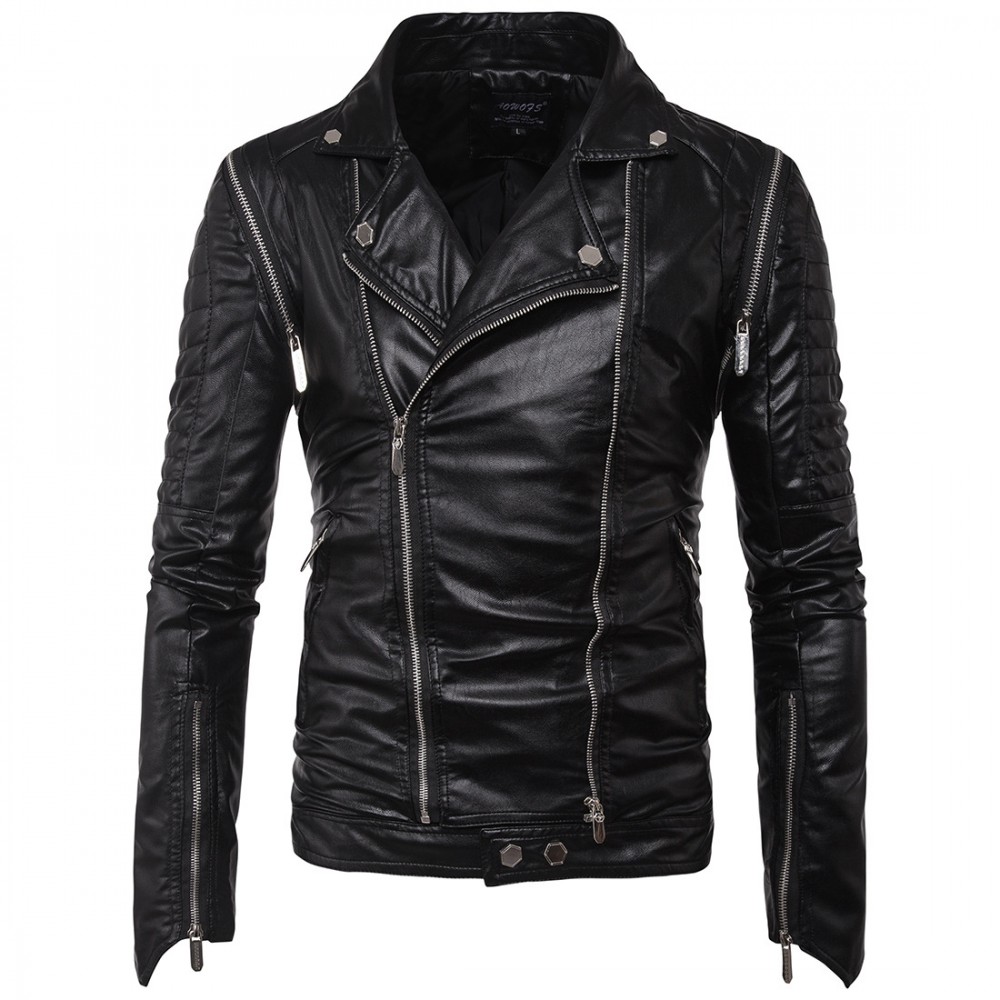 Men's Motorcycle Leather Coat Slim Fit Leather Jacket Detachable Sleeve PU Leather Jacket