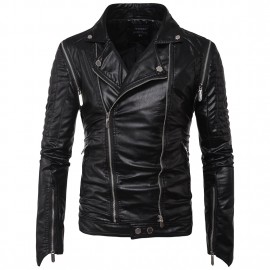 Men's Motorcycle Leather Coat Slim Fit Leather Jacket Detachable Sleeve PU Leather Jacket