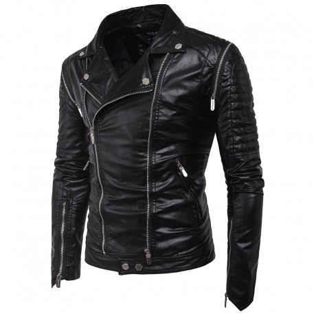 Men's Motorcycle Leather Coat Slim Fit Leather Jacket Detachable Sleeve PU Leather Jacket
