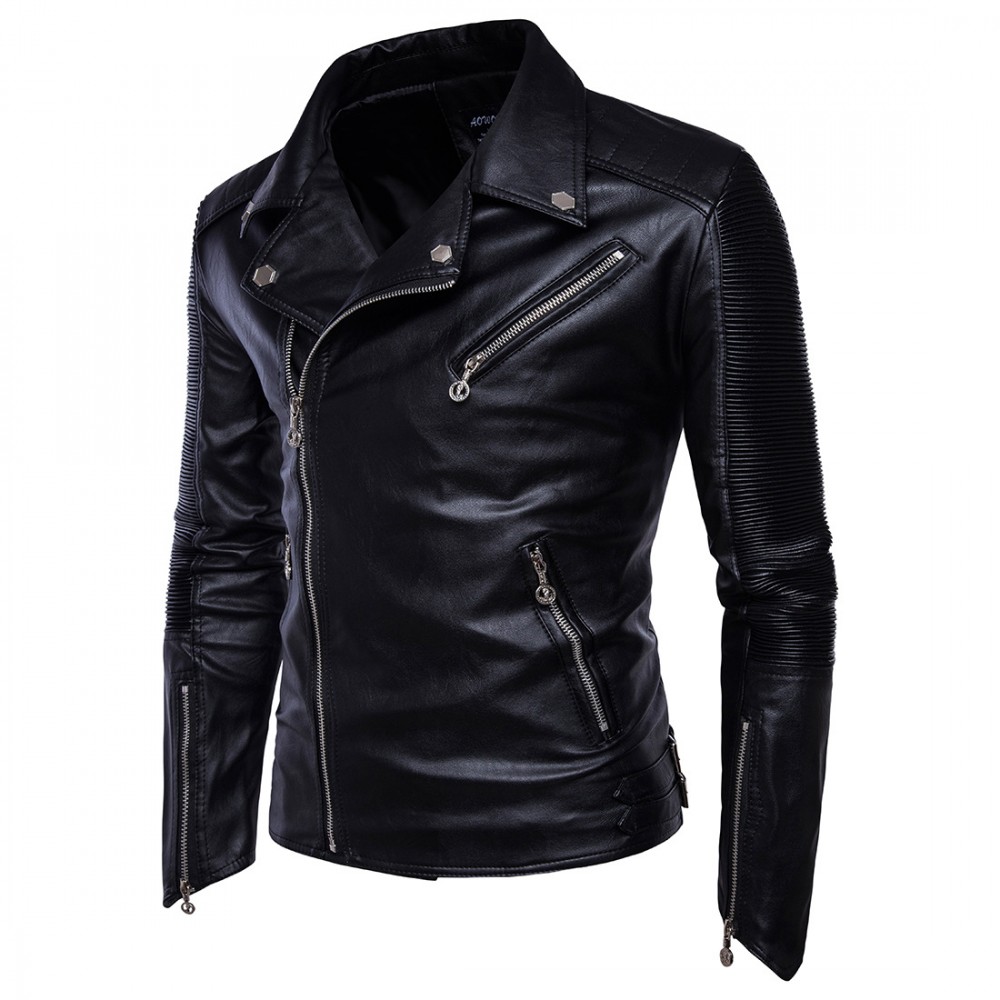 Mens Motorcycle Leather Jacket Long Sleeves Multi-Zip PU Jackets Coat