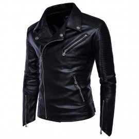 Mens Motorcycle Leather Jacket Long Sleeves Multi-Zip PU Jackets Coat