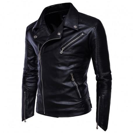 Mens Motorcycle Leather Jacket Long Sleeves Multi-Zip PU Jackets Coat