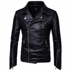 Mens Motorcycle Leather Jacket Long Sleeves Multi-Zip PU Jackets Coat 