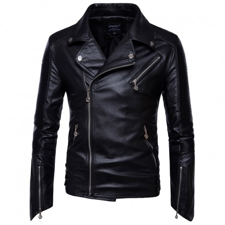 Mens Motorcycle Leather Jacket Long Sleeves Multi-Zip PU Jackets Coat