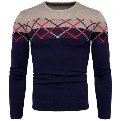 Men's Casual Fashion Pullover Sweater Long Sleeves Color Matching Sweater