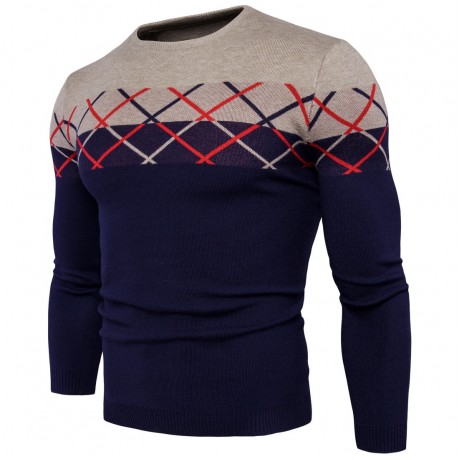 Men's Casual Fashion Pullover Sweater Long Sleeves Color Matching Sweater