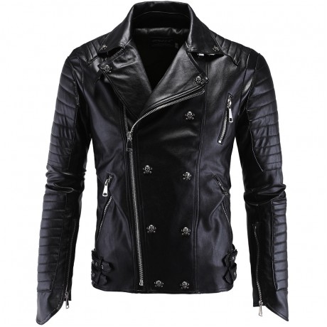 PU Leather Motorcycle Collar Jackets Slim Harley Leather Jacket for Men