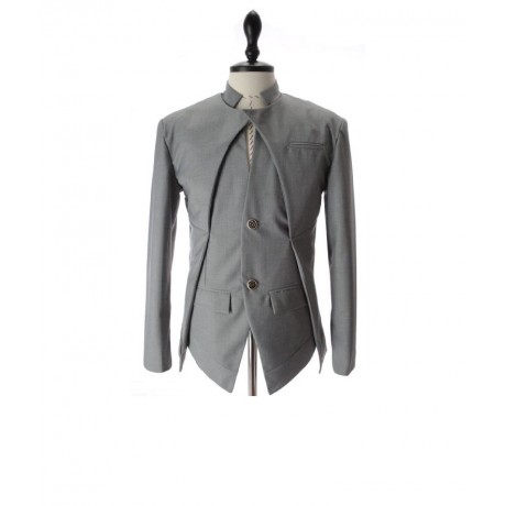 Men Slim Fit Stand Collar Coat Solid Color Asymmetrical Blazer Jacket