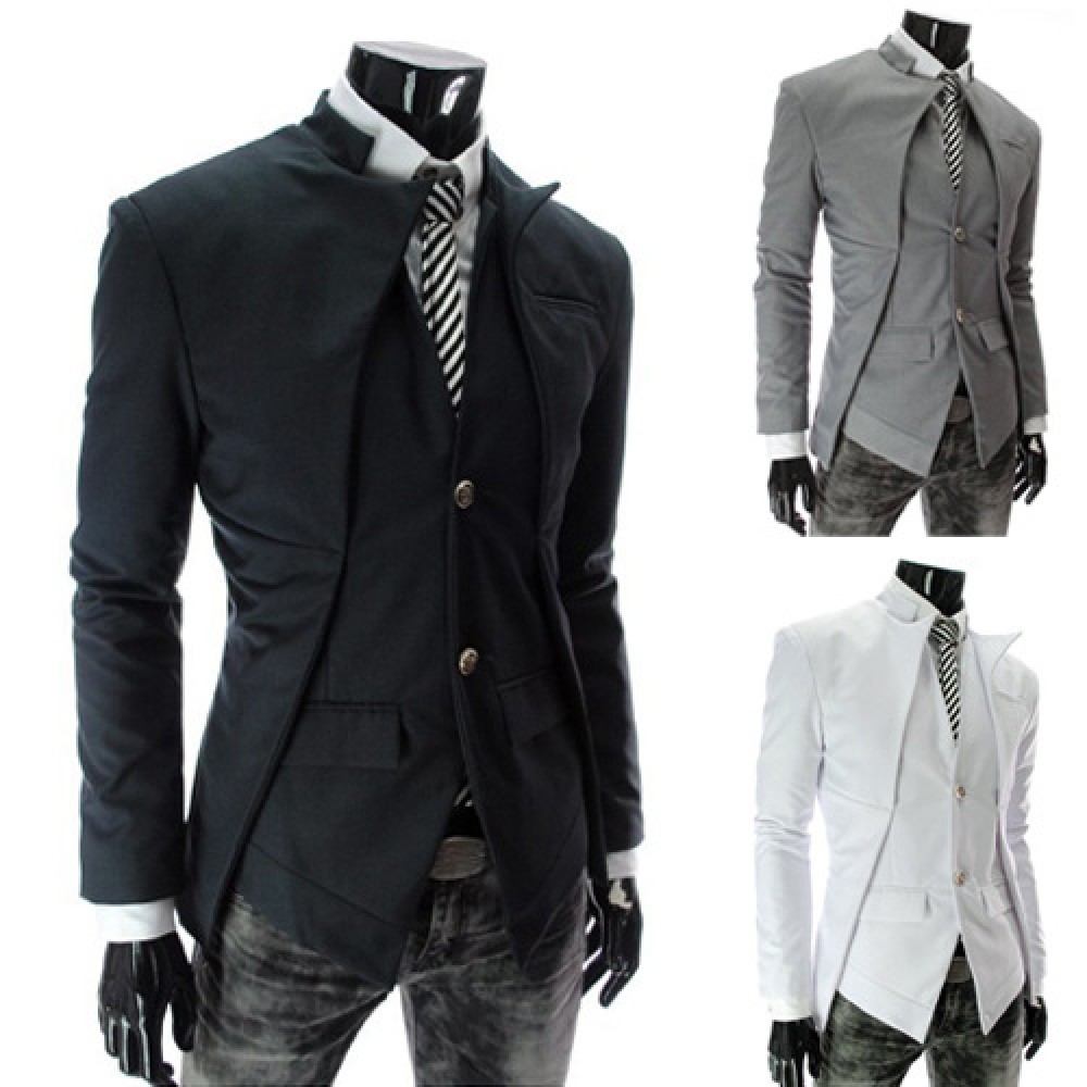 Men Slim Fit Stand Collar Coat Solid Color Asymmetrical Blazer Jacket