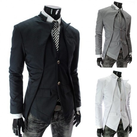 Men Slim Fit Stand Collar Coat Solid Color Asymmetrical Blazer Jacket