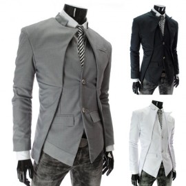 Men Slim Fit Stand Collar Coat Solid Color Asymmetrical Blazer Jacket 