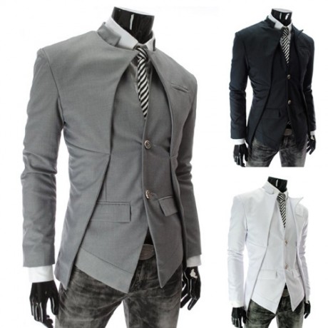 Men Slim Fit Stand Collar Coat Solid Color Asymmetrical Blazer Jacket