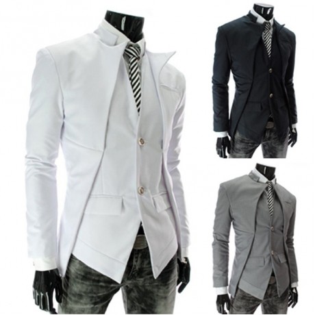 Men Slim Fit Stand Collar Coat Solid Color Asymmetrical Blazer Jacket