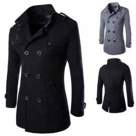 Men's Business Woolen Coat Stand Collar Double Breasted Jacket Coat