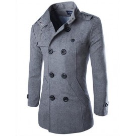 Men's Business Woolen Coat Stand Collar Double Breasted Jacket Coat 