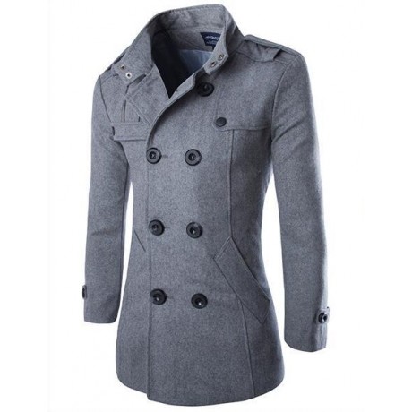 Men's Business Woolen Coat Stand Collar Double Breasted Jacket Coat
