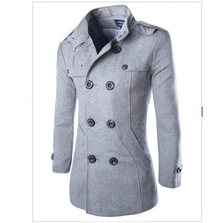 Men's Business Woolen Coat Stand Collar Double Breasted Jacket Coat