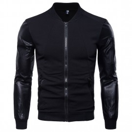  Fashion Men's Vintage Stand Collar Coat Leather Sleeves Jecket 