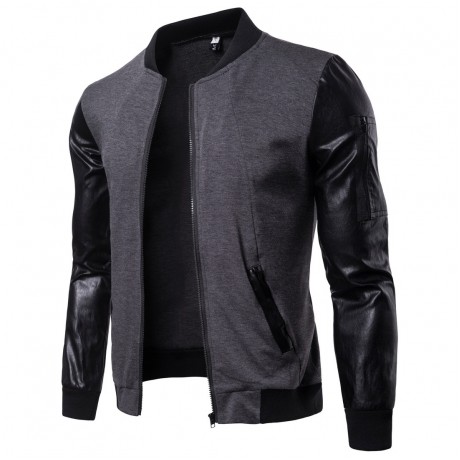  Fashion Men's Vintage Stand Collar Coat Leather Sleeves Jecket