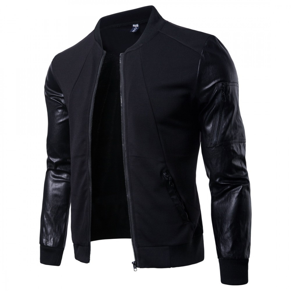 Stand Collar Leather Sleeves Jecket for Men