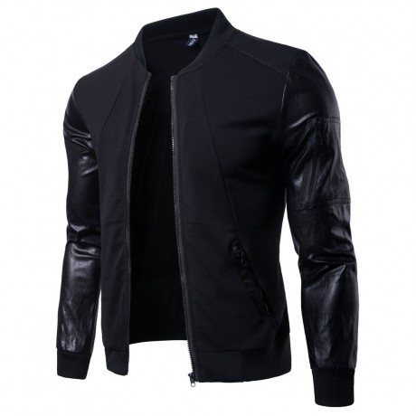  Fashion Men's Vintage Stand Collar Coat Leather Sleeves Jecket