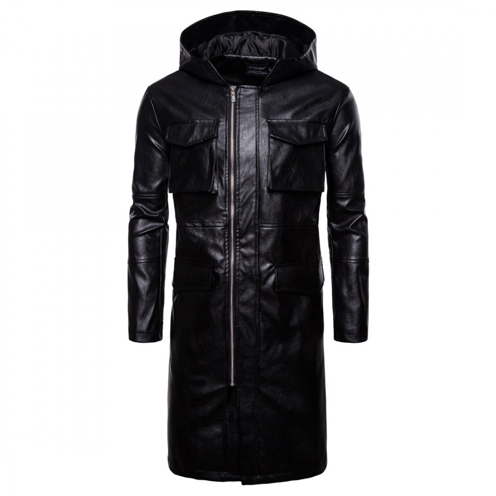 Mens PU Leather Windproof Hooded Leather Motorcycle Long Coat Leather Jacket