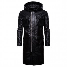 Mens PU Leather Windproof Hooded Leather Motorcycle Long Coat Leather Jacket 