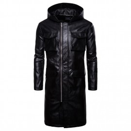 Mens PU Leather Windproof Hooded Leather Motorcycle Long Coat Leather Jacket