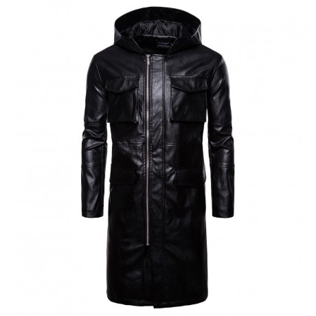 Mens PU Leather Windproof Hooded Leather Motorcycle Long Coat Leather Jacket