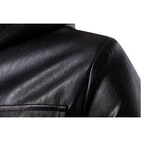 Mens PU Leather Windproof Hooded Leather Motorcycle Long Coat Leather Jacket