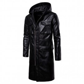 Mens PU Leather Windproof Hooded Leather Motorcycle Long Coat Leather Jacket 