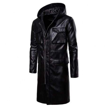 Mens PU Leather Windproof Hooded Leather Motorcycle Long Coat Leather Jacket