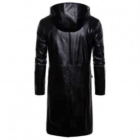Mens PU Leather Windproof Hooded Leather Motorcycle Long Coat Leather Jacket