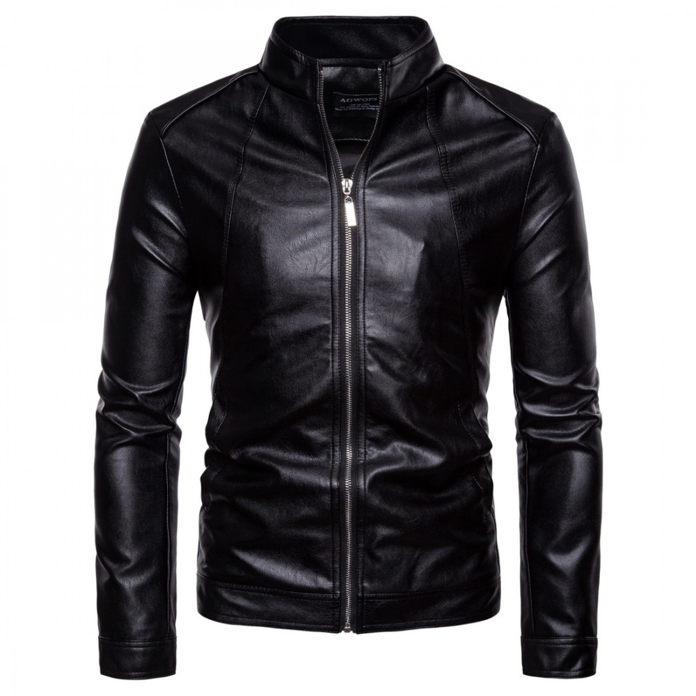 Men's Stand Collar Motor Fashion Washed PU Leather Fur Jackets