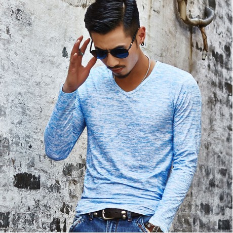 Men's Fashion V-Neck Shirt Printed Regular-Fit Long Sleeve T-Shirt