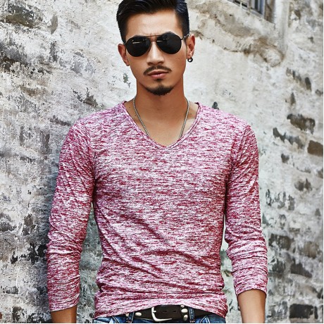 Men's Fashion V-Neck Shirt Printed Regular-Fit Long Sleeve T-Shirt