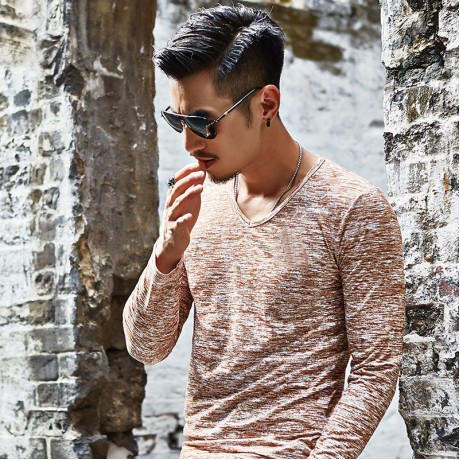 Men's Fashion V-Neck Shirt Printed Regular-Fit Long Sleeve T-Shirt