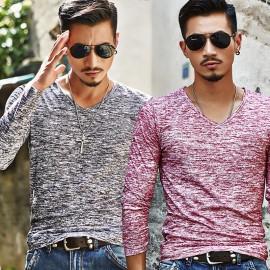 Men's Fashion V-Neck Shirt Printed Regular-Fit Long Sleeve T-Shirt 