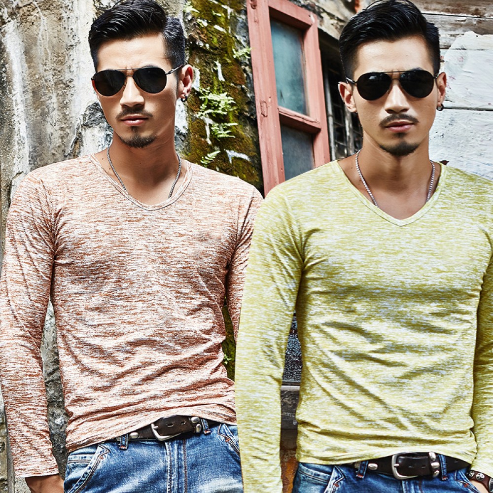 Men's Fashion V-Neck Shirt Printed Regular-Fit Long Sleeve T-Shirt