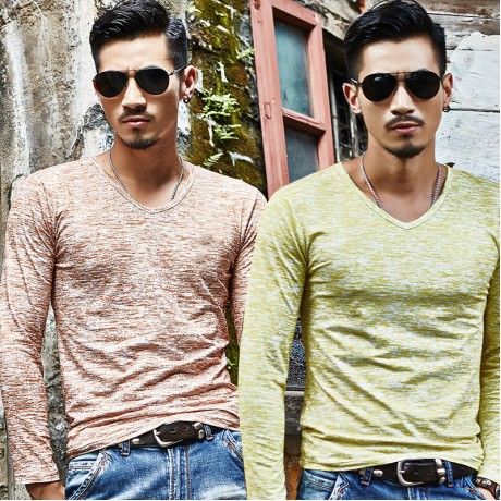 Men's Fashion V-Neck Shirt Printed Regular-Fit Long Sleeve T-Shirt