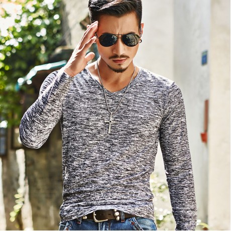 Men's Fashion V-Neck Shirt Printed Regular-Fit Long Sleeve T-Shirt