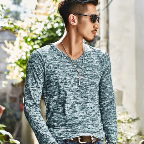 Men's Fashion V-Neck Shirt Printed Regular-Fit Long Sleeve T-Shirt